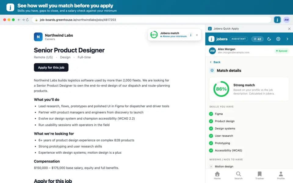 Jobera Quick Apply showing an 86% match with the skills the candidate has and is missing